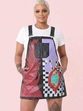 NEW Sybilla Faux Leather Skirt Overolls Abstract Print Adjustable Straps Size M